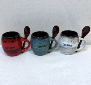 3er Set Lake Tahoe Souvenir Mini Kaffeetassen mit Löffeln Keramik rot türkis weiß - Bild 1 von 6