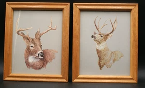Vintage Set Hirschböcke Bilder Wandbilder Kunstdrucke Dekor Holz gerahmt 12x9,5" - Bild 1 von 9