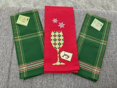 (3) Christmas Dish Towels ~ Embroidered Wine Glass ~ 100% Cotton ~ New - Image 1 of 4