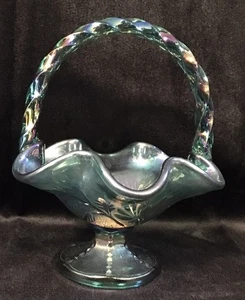 Fenton Green Irridescent Carnival glass basket Leaf design - Picture 1 of 6