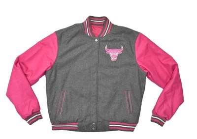 Chicago Bulls Pink Grey Varsity Bomber Jacket JH Design Size 2XL NBA Reversible - Image 1 of 4