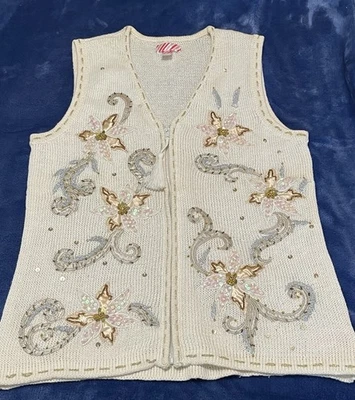 Colete de malha feminino enfeitado creme floral lantejoulas aplique com miçangas tamanho médio - Imagem 1 de 4