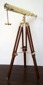 VINTAGE BRASS TELESCOPE HARBOR MASTER NAUTICAL WOODEN TRIPOD STAND TELESCOPE - Picture 1 of 4