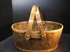 Vtg Wooden Slat Woven Oval Produce Basket  w/ Handles 14" X 10 1/2" Well Made