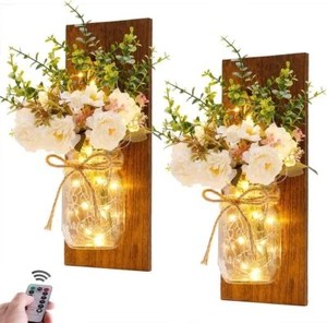 Mason jar wall lamp handmade wall art hanging design with remote control LED - Picture 1 of 52
