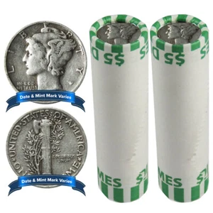 2 Rolls of 50 - $10 Face Value Full Dates 90% Silver Mercury Dimes - Picture 1 of 3