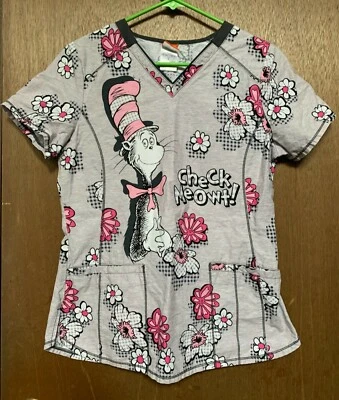 Dr. Seuss Scrub Top, Size S, Gray, Check Meowt!  2 pockets - Image 1 of 3