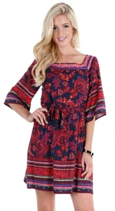 Boho Womens Navy Red Floral Lined Bohemian Flowy Chic Short Sleeve Dress S M L - Picture 1 of 12