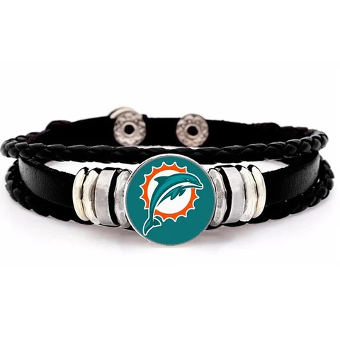 Miami Dolphins Mens Womens Black Leather Bracelet Football w Gift Pkg D14 Cover
