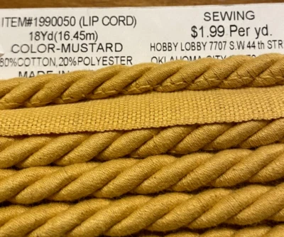 Guarnição de tubulação de cordão labial amarelo mostarda vendido por jarda algodão/poliéster novo - Imagem 1 de 4
