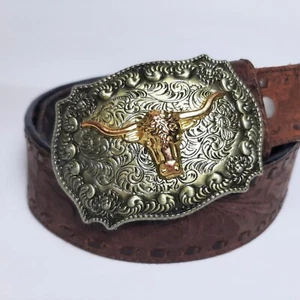 Nocona Western Belt Leather Tooled Floral Brown Size 38 Long Horn Bull Buckle - Picture 1 of 8
