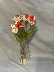Semi narcisi fiori perline vetro bianco rosa 12,25” foglie verdi lotto 4 vintage - Foto 1 di 13