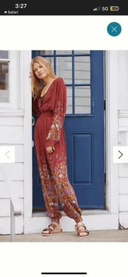 Anthropologie Breezy Open Back Jumpsuit Sz M Burgundy Stripe Floral Pants - Image 1 of 4