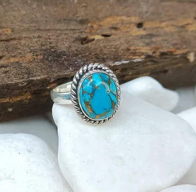 Anillo Turquesa Cobre Hecho a Mano Plata de Ley 925 Piedras Preciosas Anillo Todas las Tallas R394 Foto 1 de 4