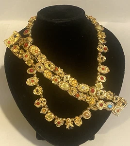 80s VTG Unsign GOLDETTE Victorian Revival Dbl SLIDE CHARM BRACELET/NECKLACE SET - Picture 1 of 18