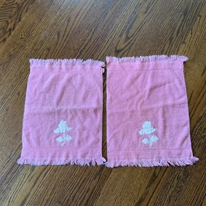 VTG Pair Retro Floral  Pink Hand Towels Callaway 60s 70s Fringe Rose Embroidered - Picture 1 of 7