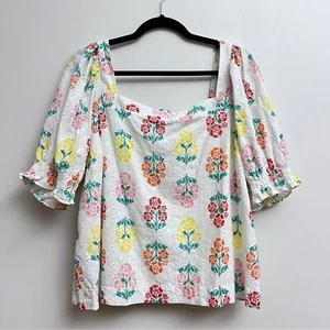 Draper James Damen XXL Bluse Blumen Multi Ösen bestickt gesmokter Saum - Bild 1 von 7