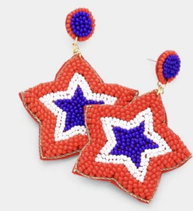 PATRIOTIC 4TH OF JULY RED WHITE & BLUE STAR SEED BEAD DANGLE EARRINGS - Picture 1 of 1