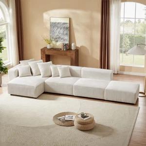 Modern 155" L-Shaped Corduroy Sectional Sofa with Reversible Chaise - Beige - Picture 1 of 12
