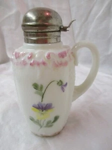 Antique Consolidated Milk glass embossed Syrup Pitcher Hand Painted Pansies - Picture 1 of 7