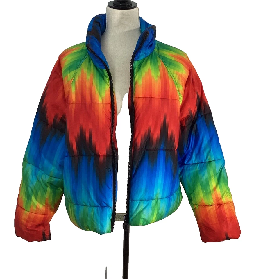 TOPSHOP 绗缝 PUFFER 滑雪运动夹克 彩虹 TIY DIE 尺码 8 轻便 — 第 1/4 张图片