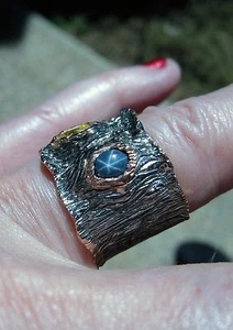 RUBY, BLUE STAR/YELLOW SAPPHIRE RING #7.25 ROSE GOLD & RHODIUM-plated 925 SILVER - Picture 1 of 12