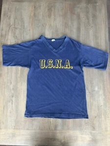 80s Tshirt Vintage USNA Artex V-neck Ribbed Trashed Thin Soft Medium Navy Blue - Picture 1 of 8
