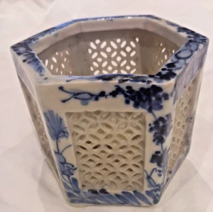 Vaso da cricket gabbia in porcellana stile cinese antico flusso blu esagonale - Foto 1 di 4