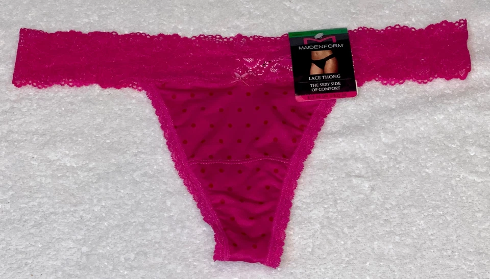 Maidenform All Over Lace Thong Panty Dark Pink Dots DMESLT Sz 7/L -