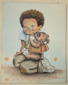 black boy with puppy OIL PAINTING P. Wilson - Picture 1 of 6