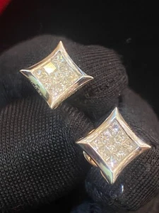 Pave 0.98 Cts Princess Cut Diamonds Unisex Hip Hop Stud Earrings In 585 14K Gold - Picture 1 of 12