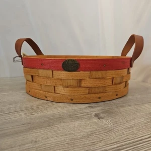 Peterboro Basket Company Round 12" Basket with Leather Handles Red Strip NEW! - Picture 1 of 14