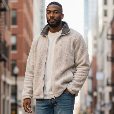 Abrigo Chaqueta Polar Montaña Negro Vintage Beige para Hombre Cuello Hecho en EE. UU. Talla L Foto 1 de 4