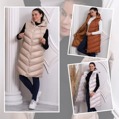 Ladies Long Line Hooded Puffer Gilet Sleeveless Jacket Side Pockets Padded Gilet - Image 1 of 2