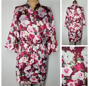 Flora Nikrooz Gr. M/L Morgenmantel Satin rose geblümt rosa burgund 3/4 Arm Bindegürtel - Bild 1 von 8