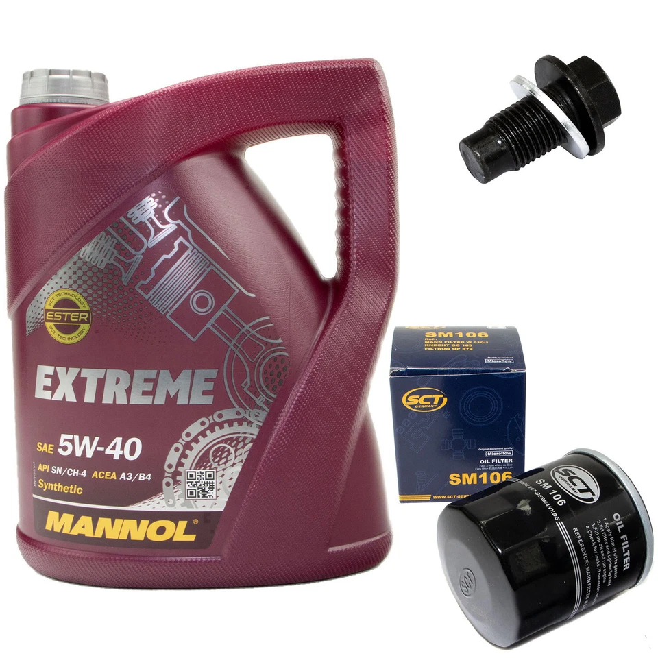 MANNOL Motoröl Set 5W-40 5 Liter + Ölfilter SM 106 + Schraube für Citroen C1 Peugeot