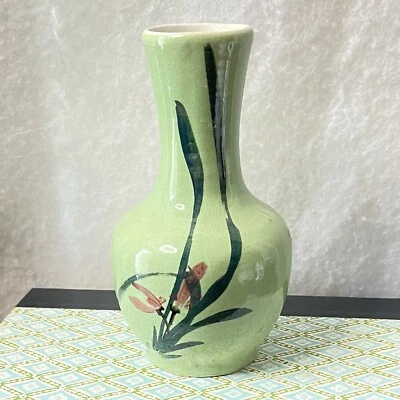Vintage Asian Green Glaze Hand Painted Flowers Ceramic Bud Vase - Image 1 of 4