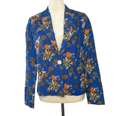 Modcloth Linen Floral Blue Blazer Size Small Botanical Long Sleeve - Image 1 of 4