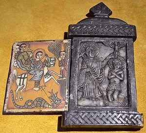 Antiguo altar cristiano etíope de madera tallada piedra pintada imagen de icono religioso - Imagen 1 de 7