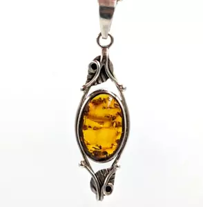 Sterling Silver 925 Baltic Amber Art Nouveau Style Pendant Necklace Ball Chain - Picture 1 of 13
