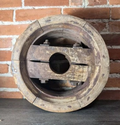 Antique Wooden Primitive Flat Belt Farm Pulley Wheel Industrial Steampunk Mill - Image 1 of 4