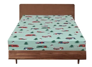 Queen Luxury 100% Cotton Flannelette Fitted Bed Sheet Flannel - Trees/Caravan - Picture 1 of 4