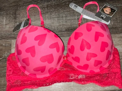 Daisy Fuentes ~ Womens Long Line Bra Push Up Pink Hearts Underwire Lace ~ 34C - Image 1 of 4