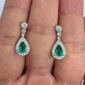 3Ct Pear Cut Lab-Created Emerald Drop Dangle Earrings 14K White Gold Plated - Picture 1 of 8