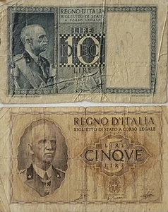 ITALIEN LOT 2 BANKNOTEN 5 - 10 LIRA SELTEN OHNE RESERVE - Bild 1 von 2