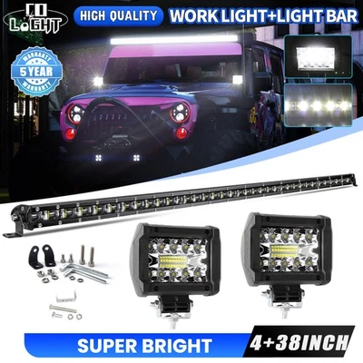 Barra de luz LED 6D 38 pulgadas punto ultra delgado inundación + LÁMPARA DE TRABAJO 4" todoterreno 4x4 UTV UTE Foto 1 de 4