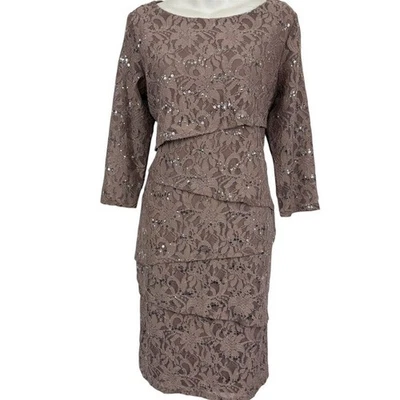 Vestido de cóctel Ronni Nicole color topo encaje lentejuelas capas mangas transparentes talla 10 Foto 1 de 4