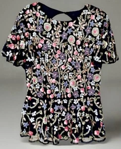 Mac Duggal Multicolor Sequin/Embroidered Floral Top Short Flutter Sleeves Medium - Picture 1 of 23