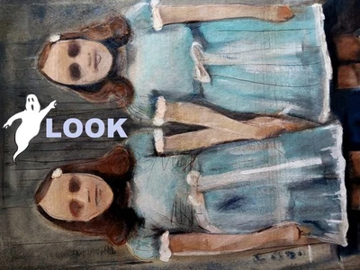 SHINING TWINS ORIGINAL OIL PAINTING COTTON CANVAS SIGNED KUBRICK HALLOWEEN GHOST - Image 1 of 4