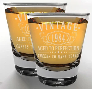 Vintage 1984 Etched 2Pk 1.75Oz Shot Glasses - 41St Birthday Gifts for Women Men  - Picture 1 of 12